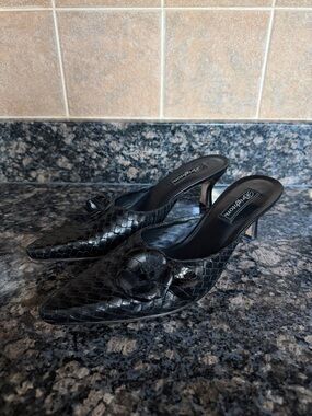Brighton Black Woven Leather Pointed-Toe Mule Heels with Floral Applique